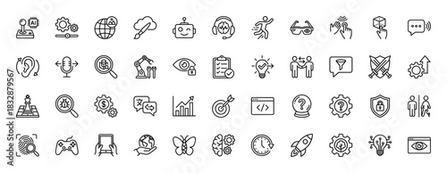 Technology and artificial intelligence line icon set. Vector pictograms of machine learning, development, gaming, and business strategy, thin linear illustration.