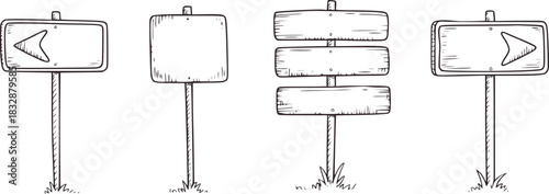 Black and white sketch of four different wooden signs