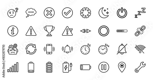 Technology and utility line icon set. Vector pictograms of settings, power, notifications, sleep, and connection status, thin linear illustration.