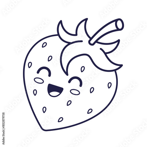 Cute Kawaii Strawberry character. Vector hand drawn outline cartoon icon illustration. Line art Strawberry character in doodle style. Coloring page