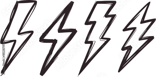 Four black and white lightning bolt illustrations thunder