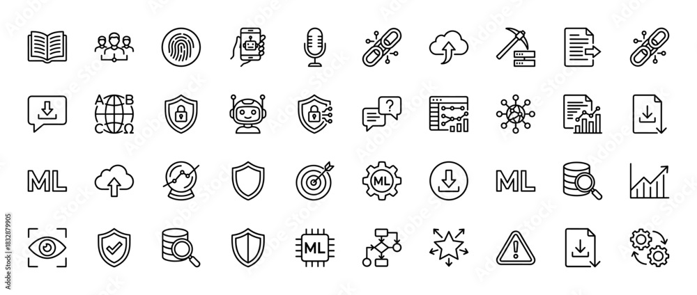Fototapeta premium Machine learning and artificial intelligence line icon set. Vector pictograms of chatbot, data mining, algorithm, security and analytics. Thin linear illustration.
