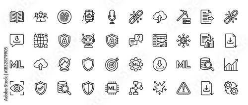 Machine learning and artificial intelligence line icon set. Vector pictograms of chatbot, data mining, algorithm, security and analytics. Thin linear illustration.