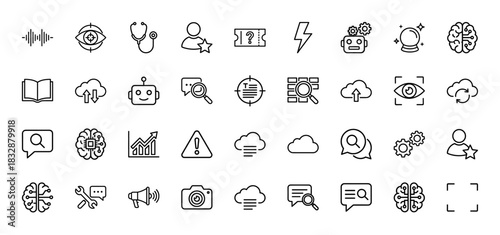 Artificial intelligence and technology line icon set. Vector pictograms of brain, robot, cloud, search, and data analysis, thin linear illustration.