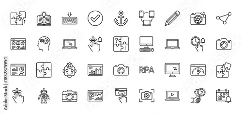 Business and technology line icon set. vector pictograms of automation, analytics, camera, laptop, and puzzles, thin linear illustration.