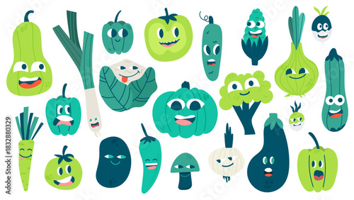 Collection de légumes cartoon avec yeux et bouche, style kawaii. Illustration vectorielle amusante pour projets vegan, alimentation saine, enfants, stickers et supports pédagogiques.