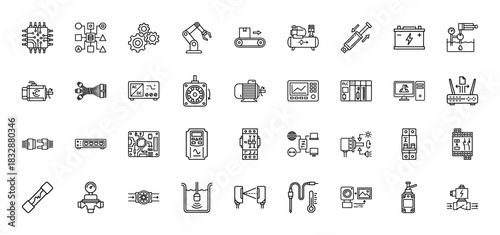 Industrial automation line icon set. Vector pictograms of plc, battery, motor, sensor, chip, and robotic arm, thin linear illustration.