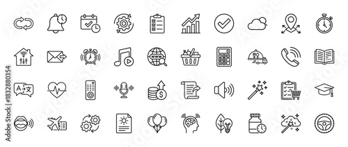 Business and productivity line icon set. Vector pictograms of settings, calendar, chart, mail, and checklist, thin linear illustration.