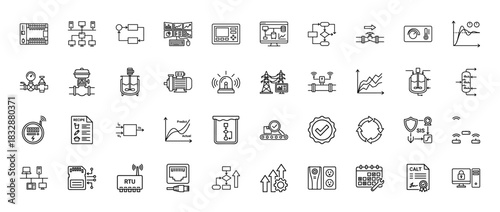 Industrial automation and control system line icon set. Vector pictograms of plc, scada, rtu, valve, motor, and sis, thin linear illustration.