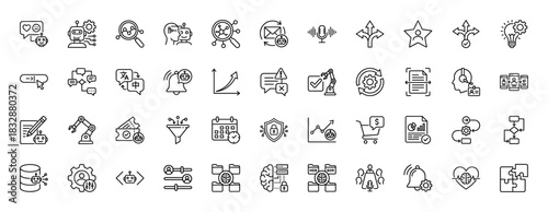 Artificial intelligence and machine learning line icon set. Vector pictograms of chat bot, analysis, data, and security, thin linear illustration.