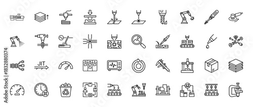 Manufacturing and industry 4.0 line icon set. Vector pictograms of robotics, 3d printing, assembly, quality control, and automation, thin linear illustration.