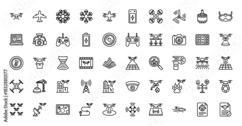 Drone and uav technology line icon set. Vector pictograms of quadcopter, controller, propeller, and aerial surveillance, thin linear illustration.
