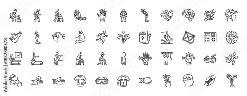 Bionics and exoskeleton technology line icon set. Vector pictograms of robotic limbs, virtual reality, and brain interface, thin linear illustration.