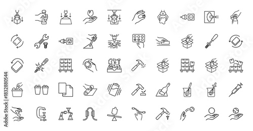 Industrial manufacturing and assembly line thin line icon set. Vector pictograms of production, repair, packaging, and logistics elements, minimal linear illustration.
