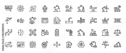 Industrial technology and energy line icon set. Vector pictograms of robotics, smart manufacturing, renewable power, and automation, thin linear illustration.