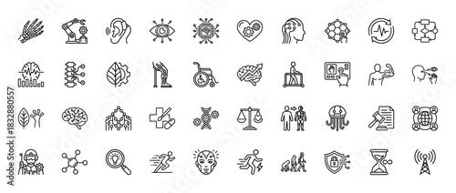 Future technology line icon set. vector pictograms of robotics, ai, medicine, and human evolution, thin linear illustration.