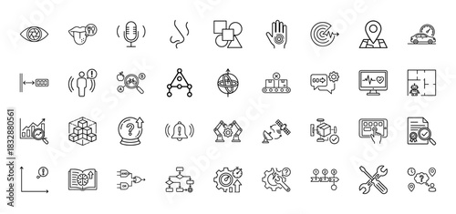 Technology and artificial intelligence line icon set. Vector pictograms of machine learning, automation, and data analysis, thin linear illustration.