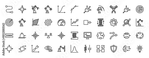 Control engineering and automation line icon set. Vector pictograms of robot arm, pid, feedback loop, physics, spring, gears, vision system, thin linear illustration.