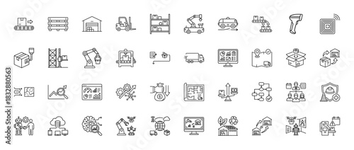 Logistics and supply chain line icon set. Vector pictograms of warehouse, automation, delivery truck, and analytics, thin linear illustration.