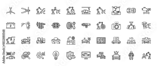 Automotive manufacturing and smart factory line icon set. Vector pictograms of robotic assembly, vehicle parts, and quality control, thin linear illustration.