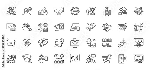 Education, development, and technology line icon set. Vector pictograms of machine learning, ar vr, coding, and problem solving, thin linear illustration.