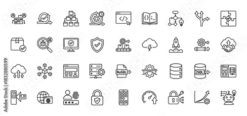 DevOps and software development line icon set. Vector pictograms of coding, cloud computing, database, security, pipeline, server, algorithm, thin linear illustration.