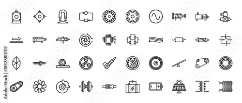 Industrial engineering and mechanical components line icon set. Vector pictograms of gears, motors, pumps, circuits, and couplings, thin linear illustration.