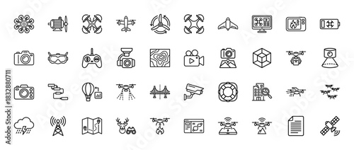 Drone and remote sensing line icon set. Vector pictograms of quadcopter, camera, controller, map, and battery, thin linear illustration.