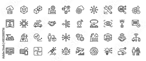 Industrial technology and supply chain line icon set. Vector pictograms of manufacturing, logistics, security, and connectivity, thin linear illustration.