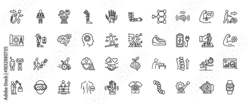 Bionics, prosthetics, and cybernetics line icon set. Vector pictograms of exoskeleton, artificial limb, brain control, and rehabilitation, thin linear illustration.