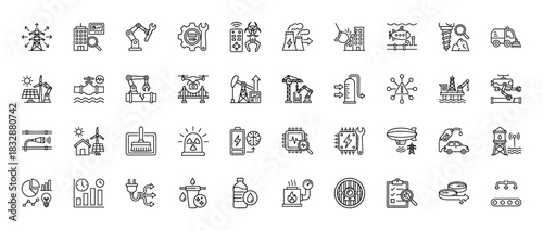 Industrial and energy technology line icon set. Vector pictograms of renewable power, smart manufacturing, and infrastructure, thin linear illustration.