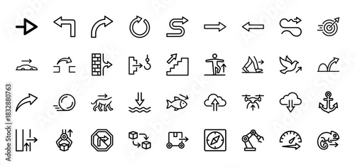 Logistics and navigation line icon set. Vector pictograms of arrows, cargo, transport, and compass, thin linear illustration.