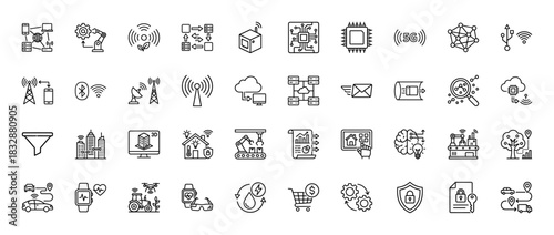 Internet of things and industry 4.0 line icon set. vector pictograms of automation, sensors, smart devices, and data management, thin linear illustration.