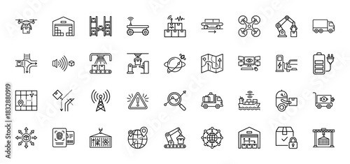 Logistics and technology line icon set. Vector pictograms of warehouse, drone, delivery truck, robot, and package tracking, thin linear illustration.