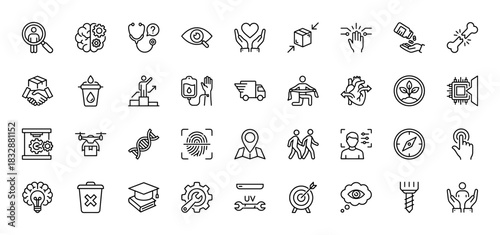 Business and technology line icon set. Vector pictograms of research, brain, stethoscope, delivery truck, and compass, thin linear illustration.