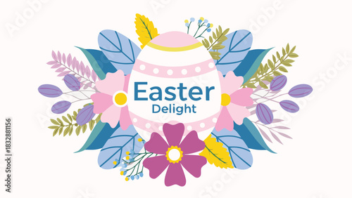 A festive easter egg adorned with delicate flowers and leaves proclaiming easter delight in a charming floral arrangement