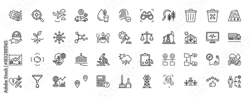 Environmental, science, and sustainability line icon set. Vector pictograms of research, ecology, transport, and technology, thin linear illustration.