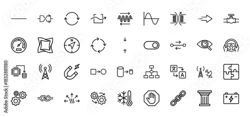 Technology and engineering line icon set. Vector pictograms of flow, process, data, signal, and automation elements, thin linear illustration.