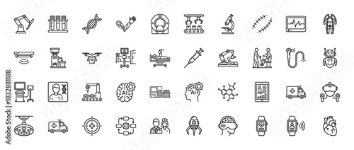 Medical technology line icon set. Vector pictograms of robotics, dna, brain, drone, surgery, and ambulance, thin linear illustration.