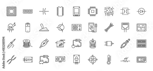 Electronics and electrical component line icon set. Vector pictograms of microchips, battery, resistor, diode, and wire, thin linear illustration.