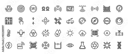 Technology line icon set. Vector pictograms of sensors, navigation, data, and measurement concepts, thin linear illustration.