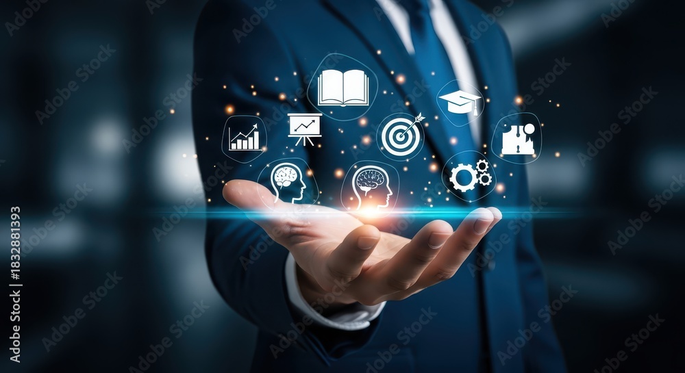 Fototapeta premium Digital Education, E-learning, and Online Knowledge Concept with Businessman Holding Virtual Learning Icons