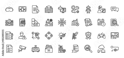 Digital technology and business line icon set. vector pictograms of vr headset, ai robot, learning, and finance, thin linear illustration.