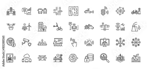 Smart city and internet of things line icon set. Vector pictograms of transportation, surveillance, security, and infrastructure, thin linear illustration.