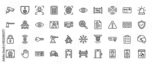 Security and surveillance line icon set. Vector pictograms of access control, facial recognition, and cybersecurity elements, thin linear illustration.