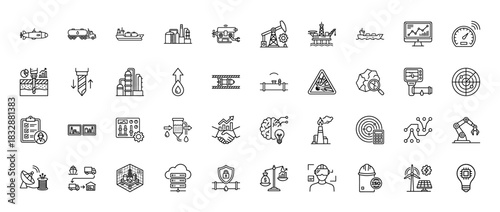 Oil and gas industry line icon set. Vector pictograms of rig, refinery, pipeline, tanker, pump, drilling, engineer, factory, fuel and logistics, thin linear illustration.