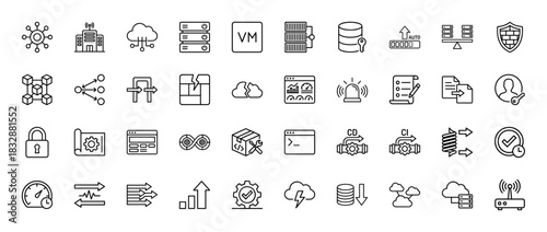 Cloud computing and network technology line icon set. Vector pictograms of server, security, virtual machine, and data transfer, thin linear illustration.
