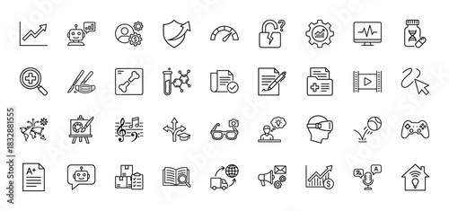 Business and technology line icon set. Vector pictograms of growth, bot, healthcare, science, and media, thin linear illustration.