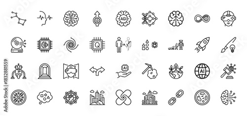 Artificial intelligence and technology line icon set. Vector pictograms of brain, robot, chip, vr glasses, and rocket, thin linear illustration.