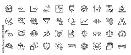 Artificial intelligence and data science line icon set. Vector pictograms of machine learning, processing, security, and analytics, thin linear illustration.